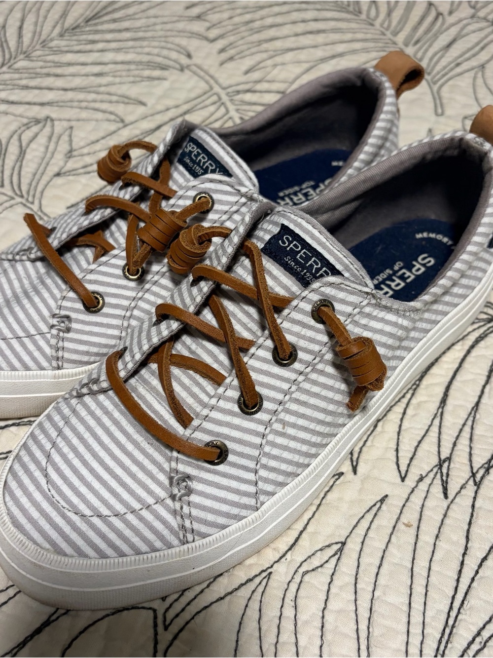 Sperry Striped Canvas Boat Shoe - White and Gray with Brown Laces